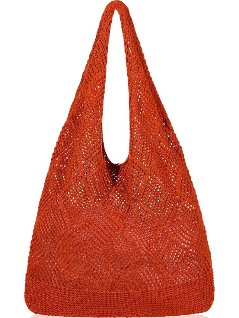 Women's Orange Crochet Beach Mesh Tote Bag Shoulder Lightweight Shopping Handbag